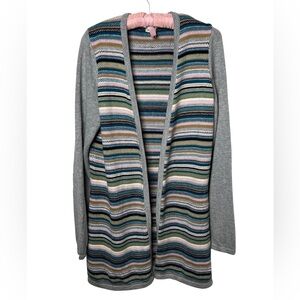 Orvis Wool Blend Long Cardigan Multicolour Striped Elbow Patches Women’s Medium